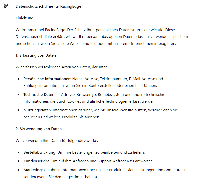 ChatGPT fur e-Commerce: Erstelle eine Datenschutzrichtlinie.