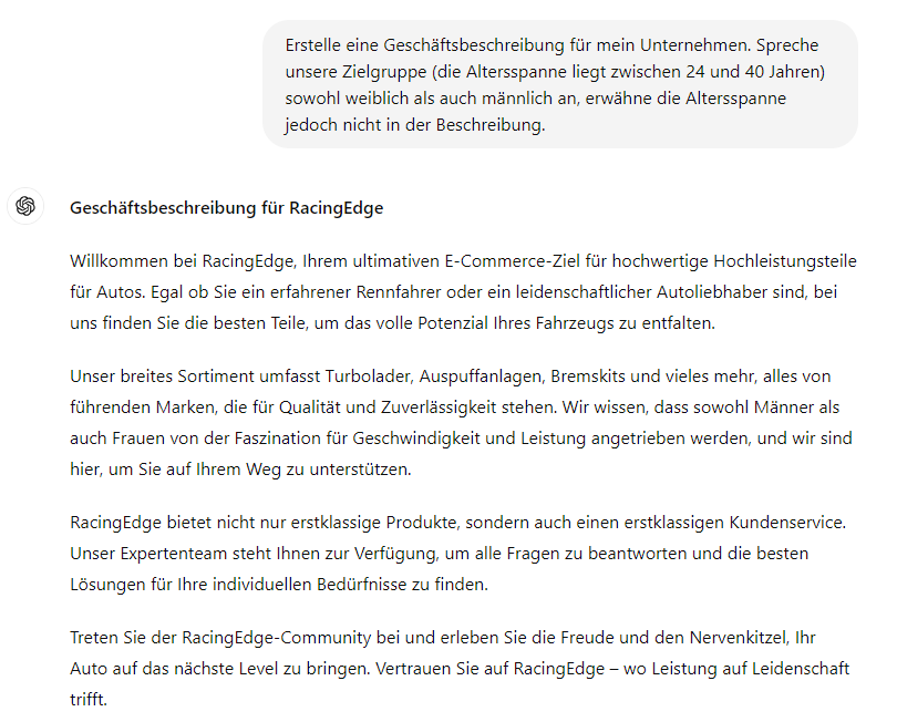 ChatGPT fur e-Commerce Erstelle eine Geschäftsbeschreibung für mein Unternehmen. 