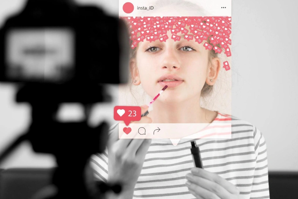 A camera captures a girl painting her lips while her face is blurred. Her picture has an Instagram overlay of heart likes showing someone hitting the 'like' button