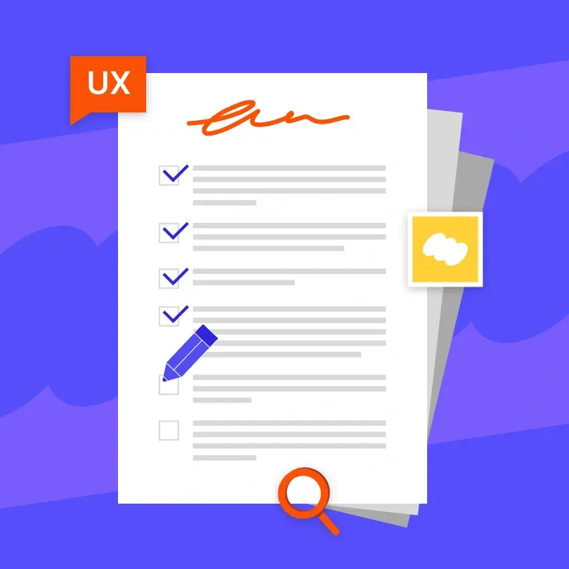 Checkliste mit Häkchen, Unterschrift, Bleistift und Lupe als Symbol für die WCAG 2.2-Checkliste zur Barrierefreiheit
